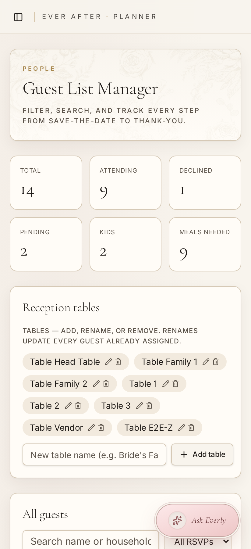 Guest List — RSVPs, meals, addresses, and seating together.