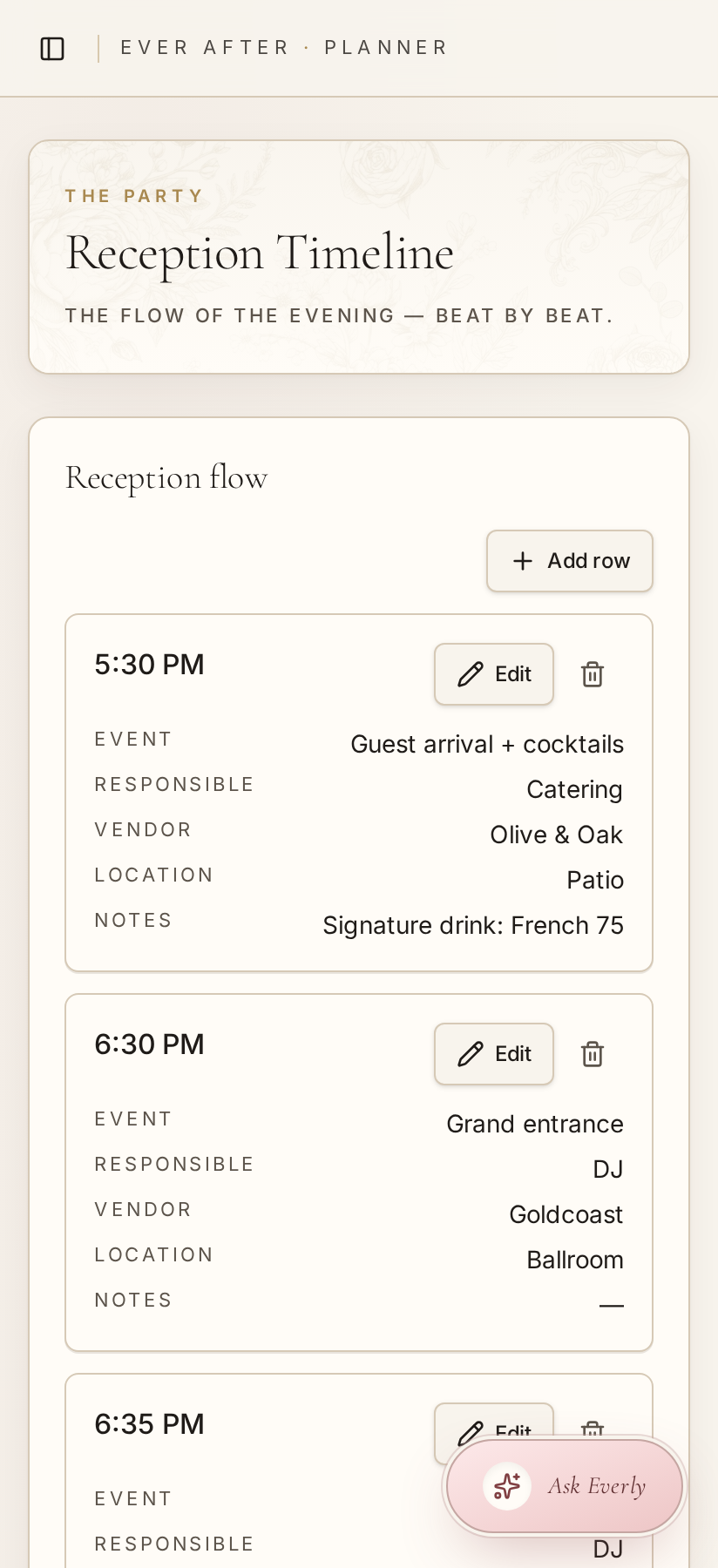 Reception — The flow of the evening, beat by beat.