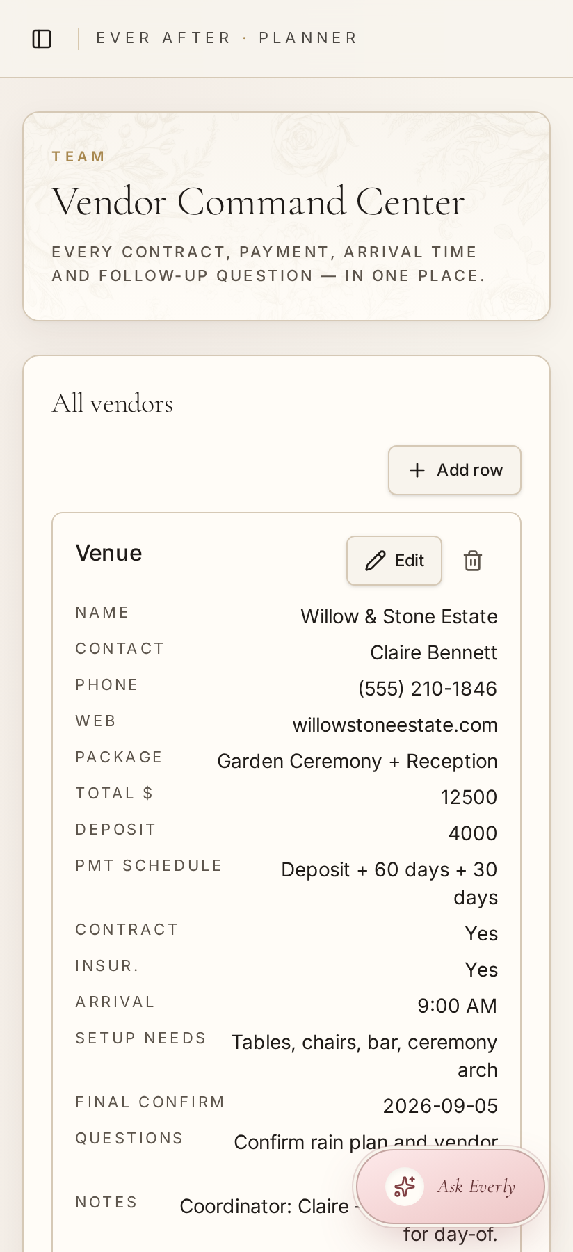 Vendors — Contracts, contacts, and notes beautifully organized.
